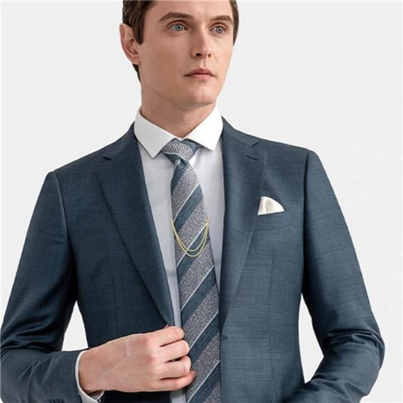 Men's Tie Clips Set with Chains Gold Silver Black Blue Formal Wedding Gift - Picture 6 of 7